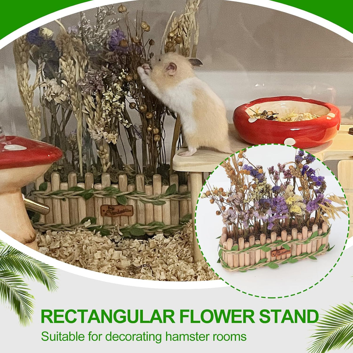 Hamster Cage Sprays Flower Foraging Holder - Natural Wood Feeding Stand, Small Pet Habitat Accessories for Hamsters Mouse Guinea Pig Dwarf Gerbils Syrian Mice (Leaf - Rectangle)