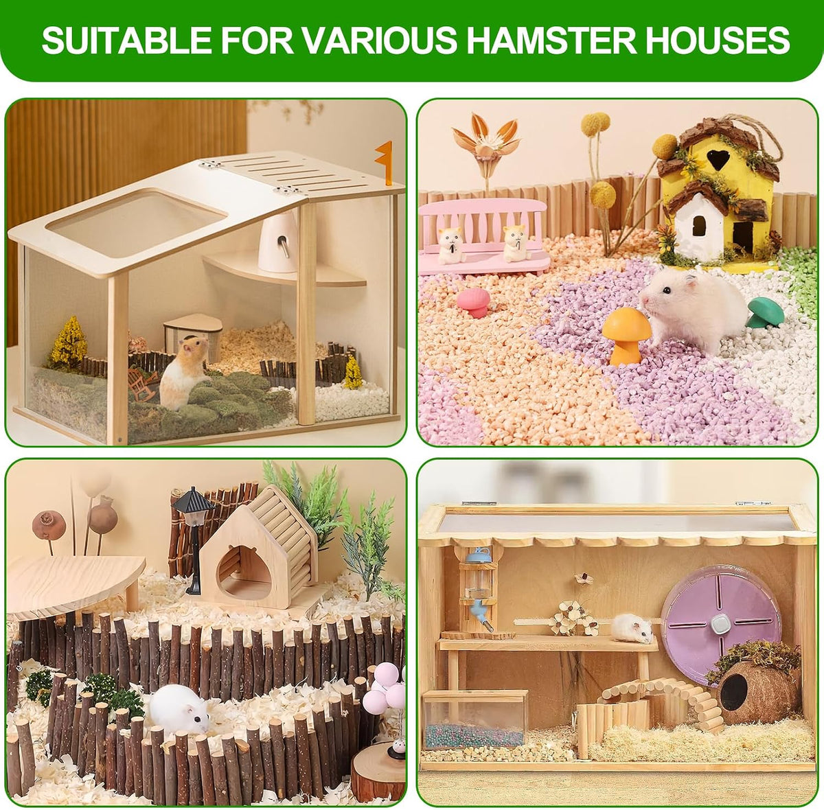 Hamster Cage Sprays Flower Foraging Holder - Natural Wood Feeding Stand, Small Pet Habitat Accessories for Hamsters Mouse Guinea Pig Dwarf Gerbils Syrian Mice (Leaf - Rectangle)