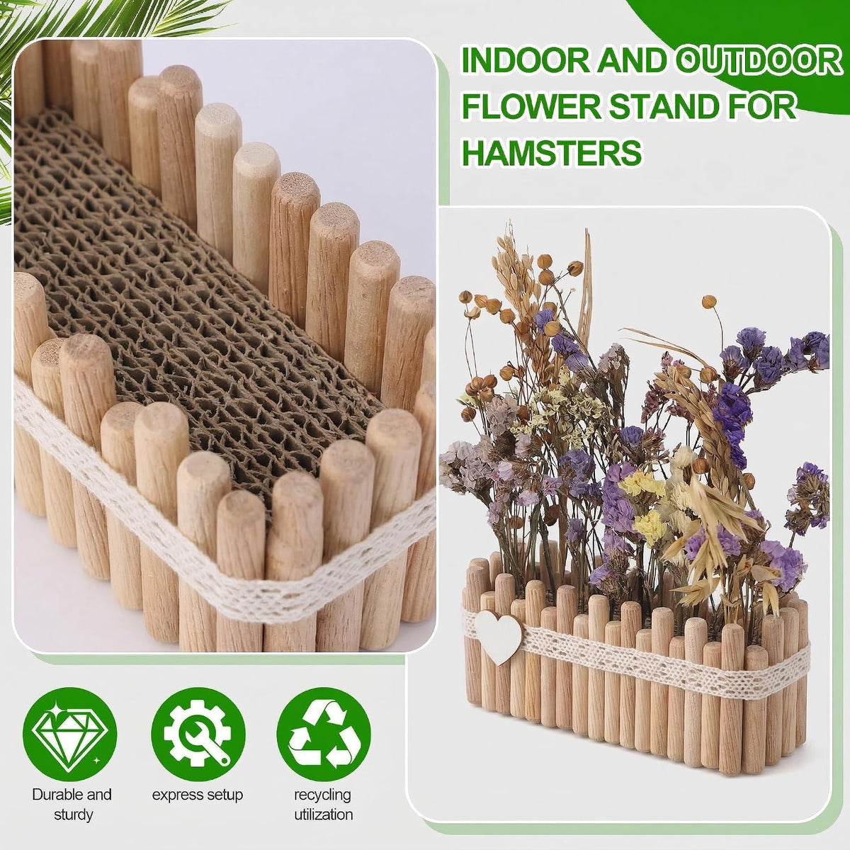 Hamster Cage Sprays Flower Foraging Holder - Natural Wood Feeding Stand, Small Pet Habitat Accessories for Hamsters Mouse Guinea Pig Dwarf Gerbils Syrian Mice (Leaf - Rectangle)