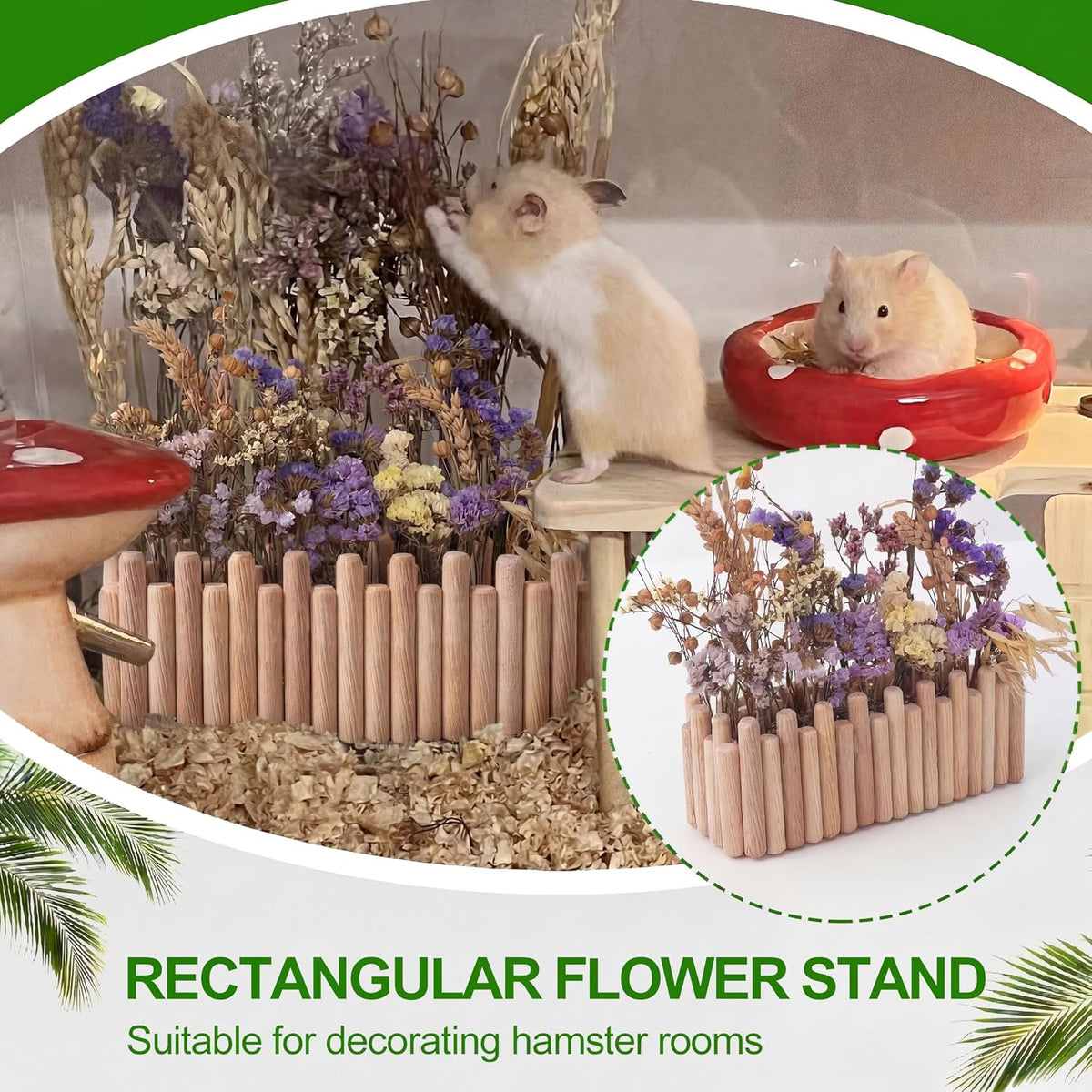 Hamster Cage Sprays Flower Foraging Holder - Natural Wood Feeding Stand, Small Pet Habitat Accessories for Hamsters Mouse Guinea Pig Dwarf Gerbils Syrian Mice (Leaf - Rectangle)