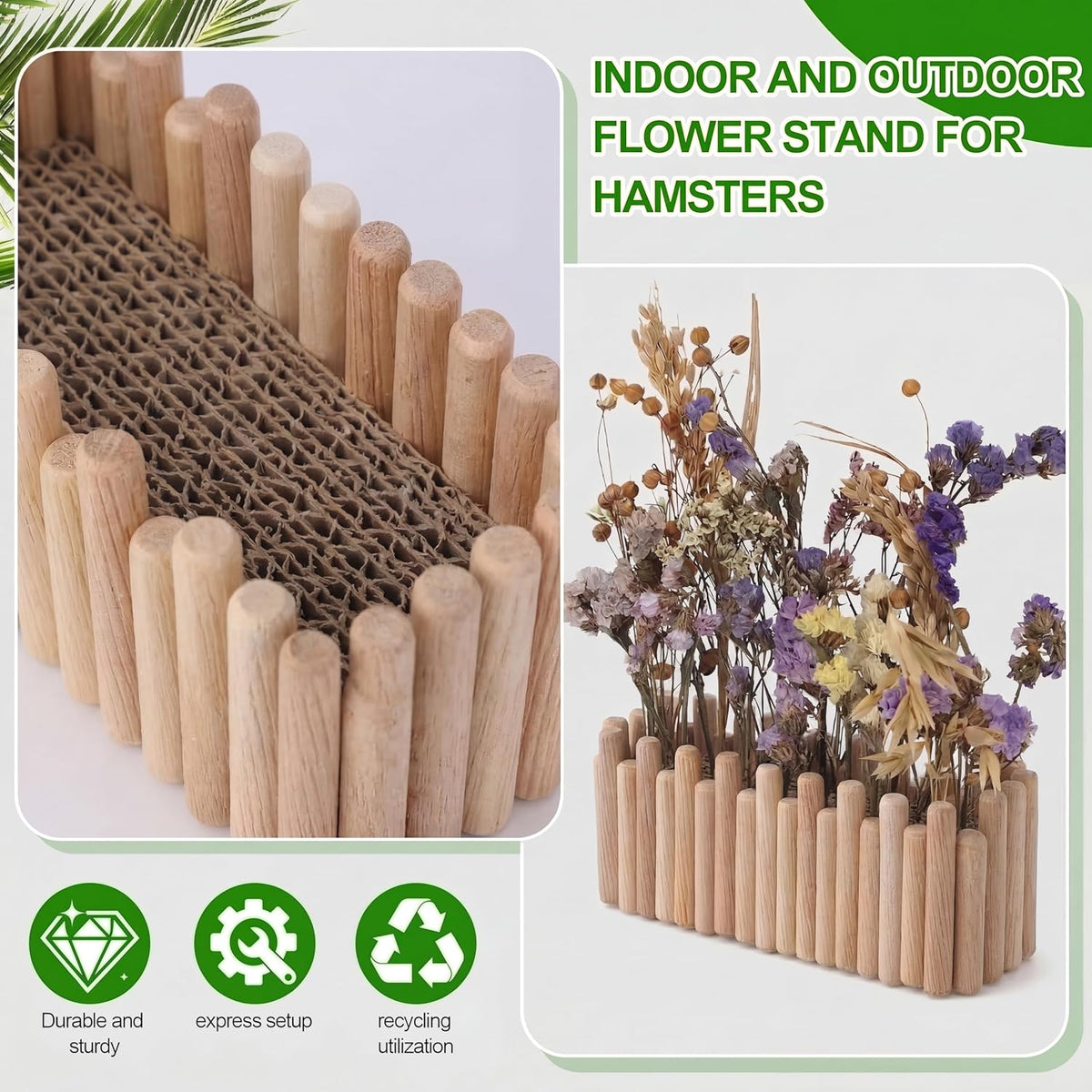 Hamster Cage Sprays Flower Foraging Holder - Natural Wood Feeding Stand, Small Pet Habitat Accessories for Hamsters Mouse Guinea Pig Dwarf Gerbils Syrian Mice (Leaf - Rectangle)