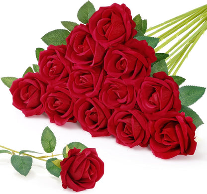 Classic Red Artificial Roses Flowers, Faux Long Stem Roses Bulky