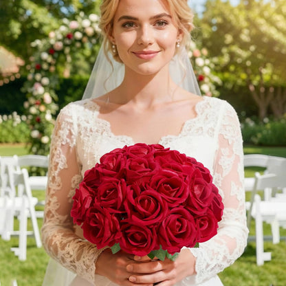 Classic Red Artificial Roses Flowers, Faux Long Stem Roses Bulky