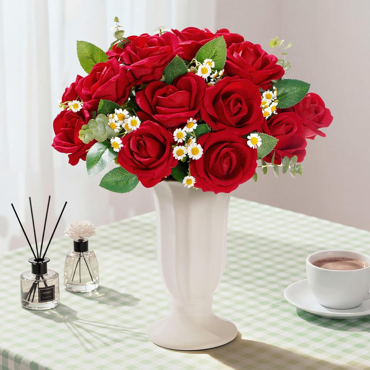 Classic Red Artificial Roses Flowers, Faux Long Stem Roses Bulky