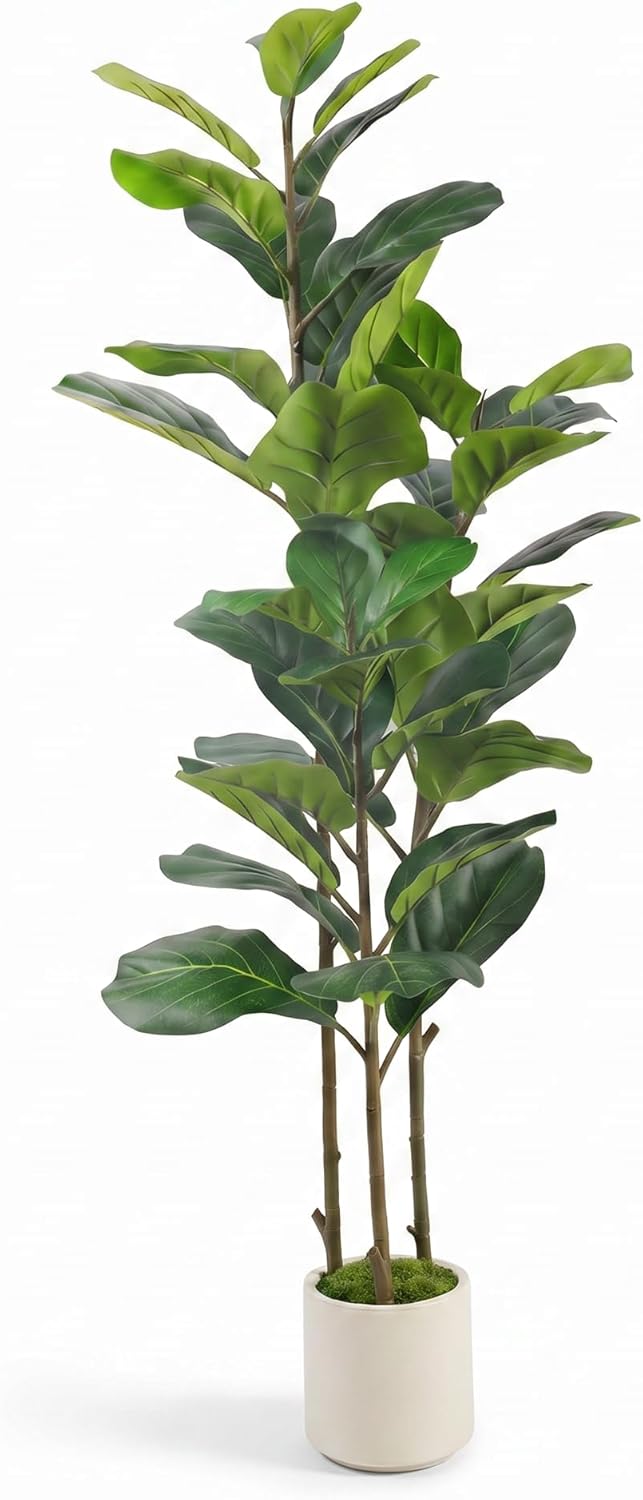 5ft Artificial Fiddle Leaf Fig Tree with Green Moss | Fake Tree with White Planter Pot, Faux Ficus Tree for Indoor Home, Office & Living Room