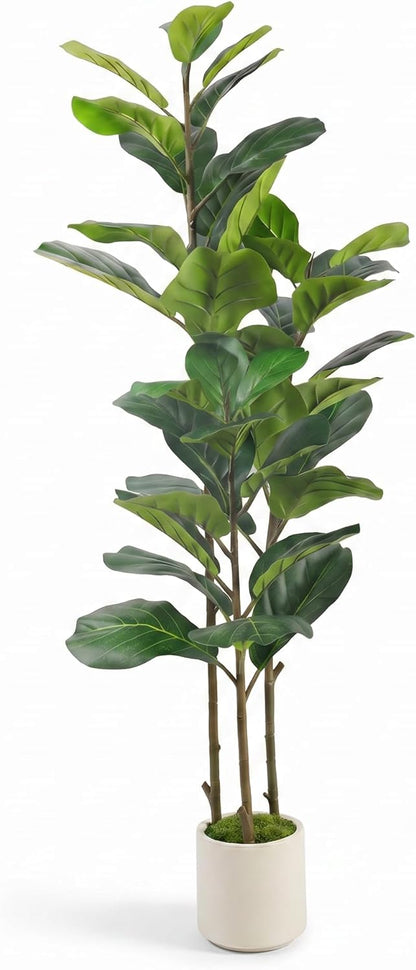 5ft Artificial Fiddle Leaf Fig Tree with Green Moss | Fake Tree with White Planter Pot, Faux Ficus Tree for Indoor Home, Office & Living Room