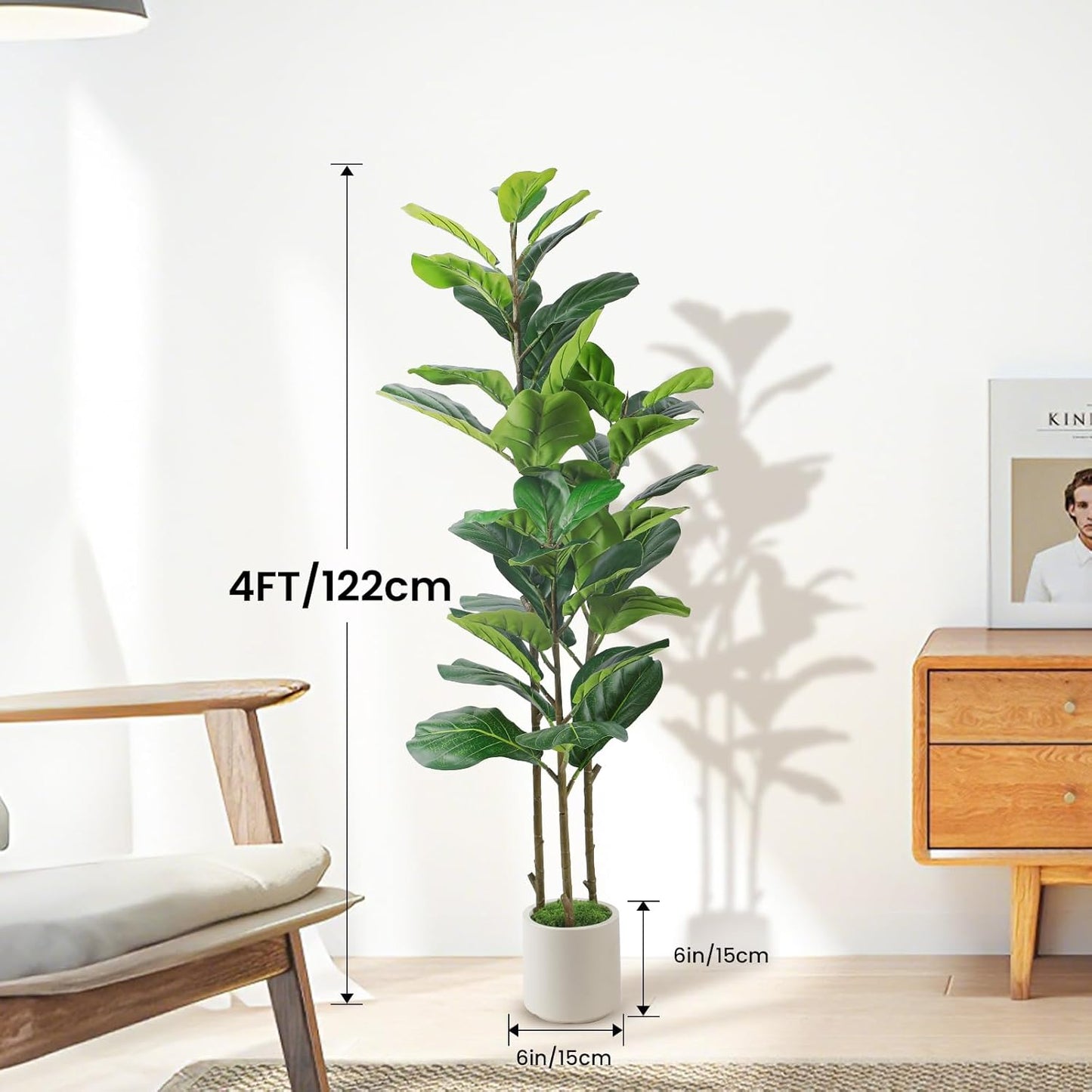 5ft Artificial Fiddle Leaf Fig Tree with Green Moss | Fake Tree with White Planter Pot, Faux Ficus Tree for Indoor Home, Office & Living Room