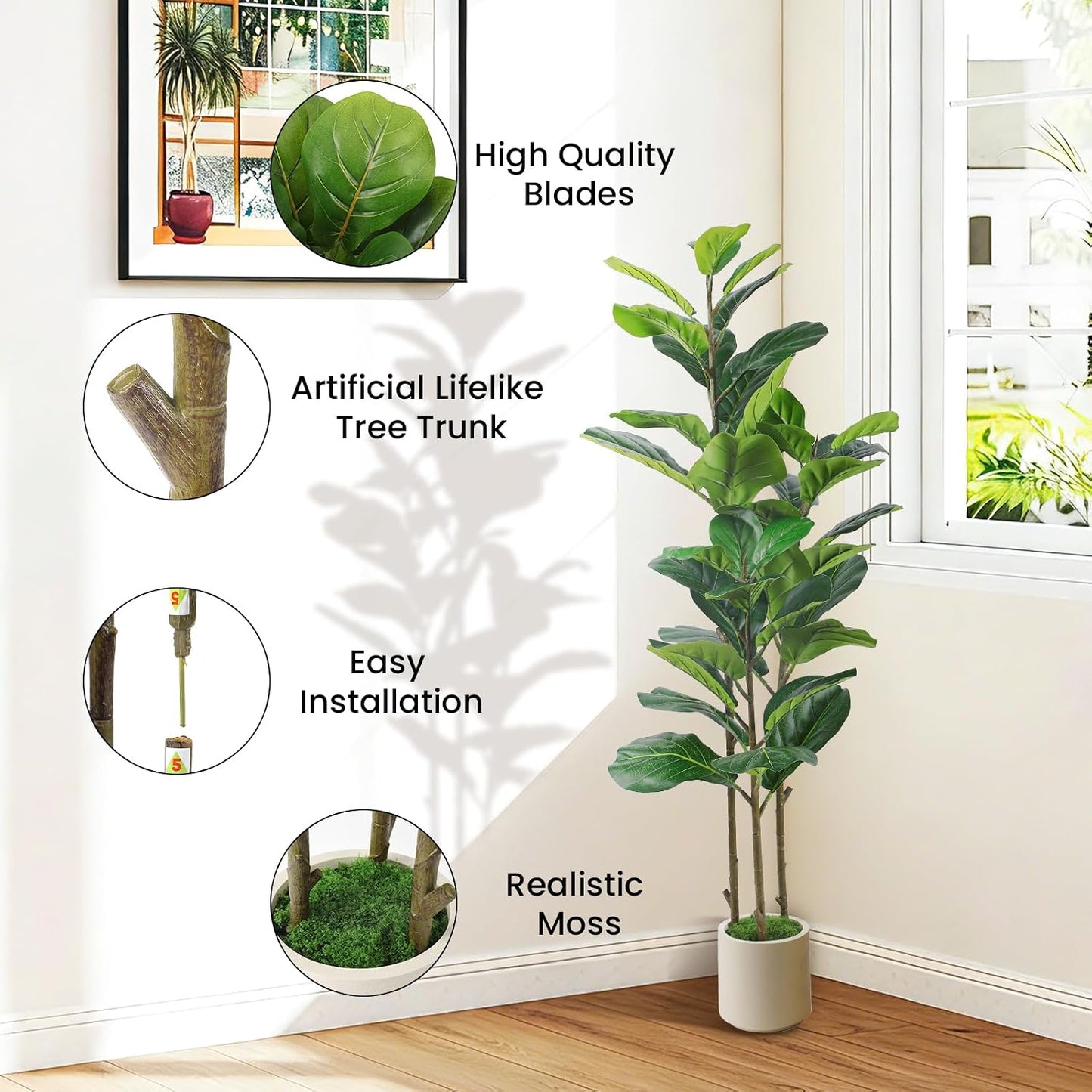 5ft Artificial Fiddle Leaf Fig Tree with Green Moss | Fake Tree with White Planter Pot, Faux Ficus Tree for Indoor Home, Office & Living Room