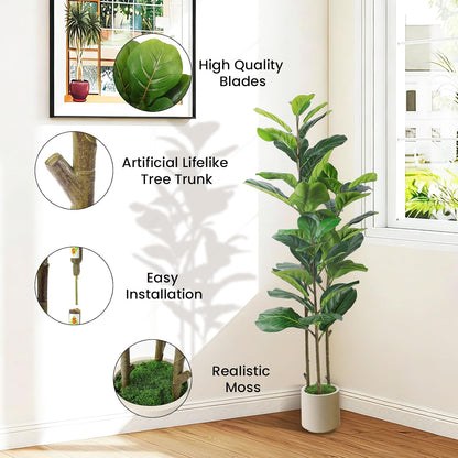 5ft Artificial Fiddle Leaf Fig Tree with Green Moss | Fake Tree with White Planter Pot, Faux Ficus Tree for Indoor Home, Office & Living Room