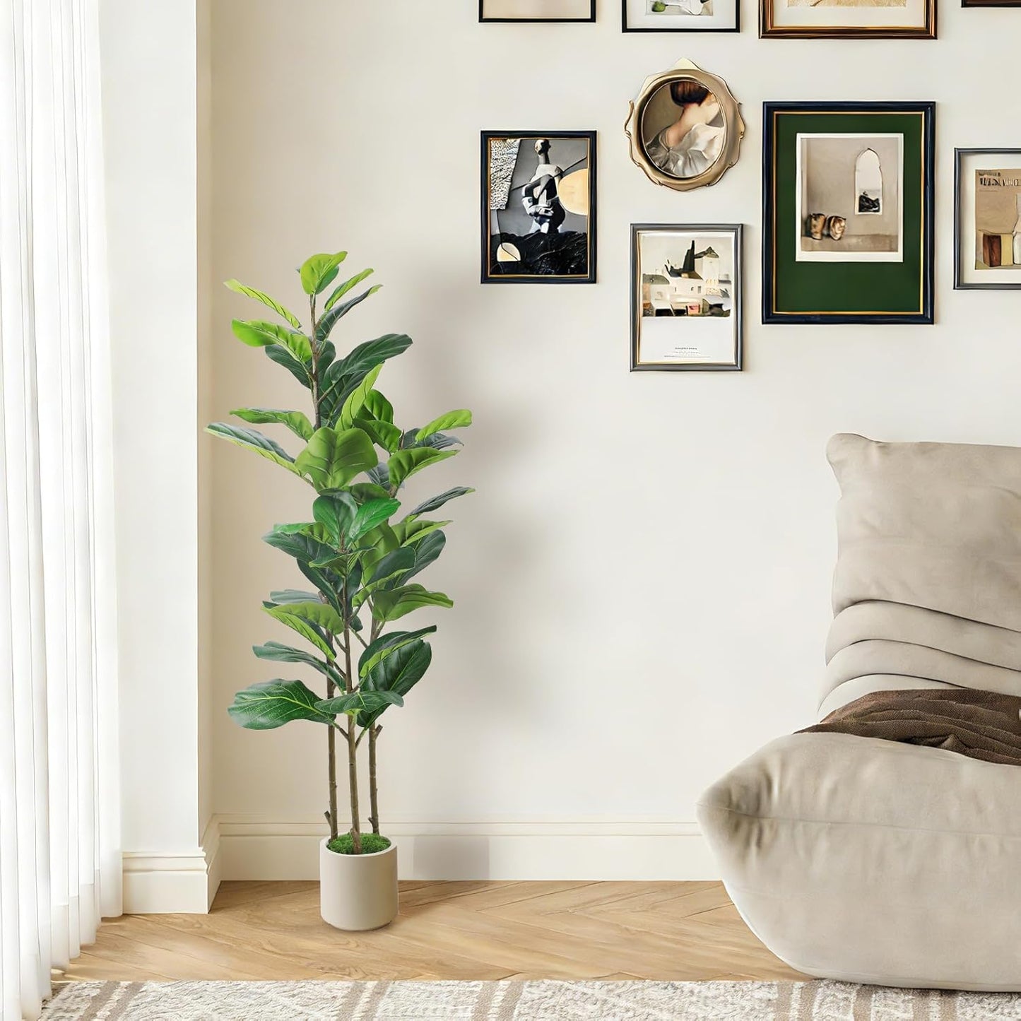 5ft Artificial Fiddle Leaf Fig Tree with Green Moss | Fake Tree with White Planter Pot, Faux Ficus Tree for Indoor Home, Office & Living Room