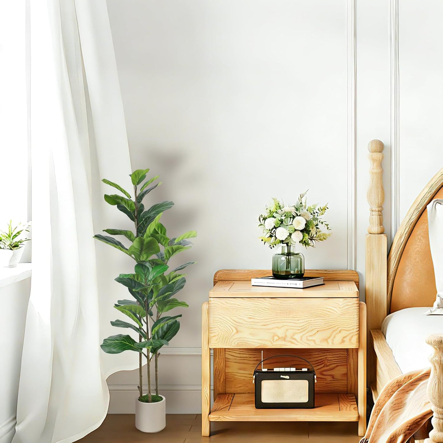 5ft Artificial Fiddle Leaf Fig Tree with Green Moss | Fake Tree with White Planter Pot, Faux Ficus Tree for Indoor Home, Office & Living Room