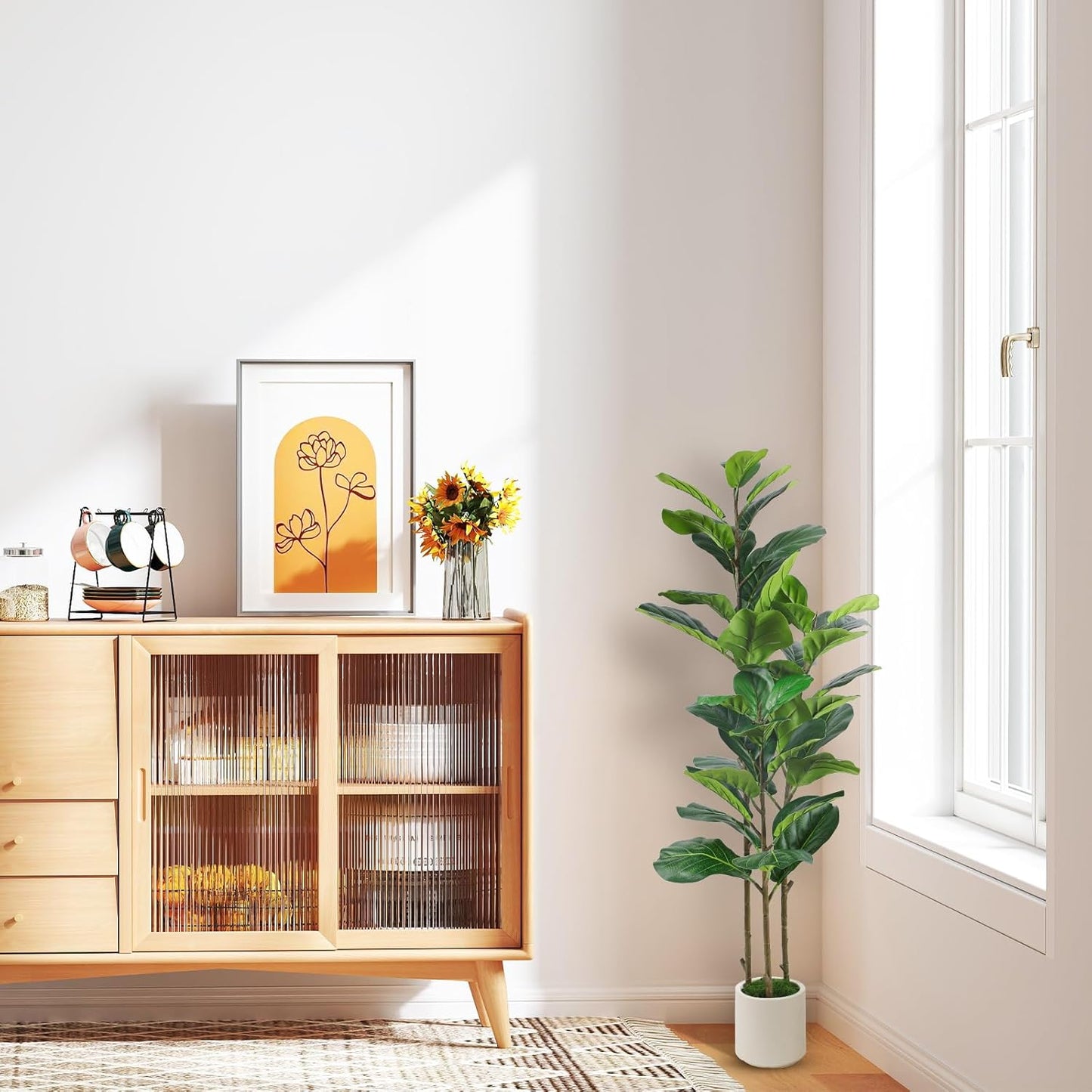 5ft Artificial Fiddle Leaf Fig Tree with Green Moss | Fake Tree with White Planter Pot, Faux Ficus Tree for Indoor Home, Office & Living Room