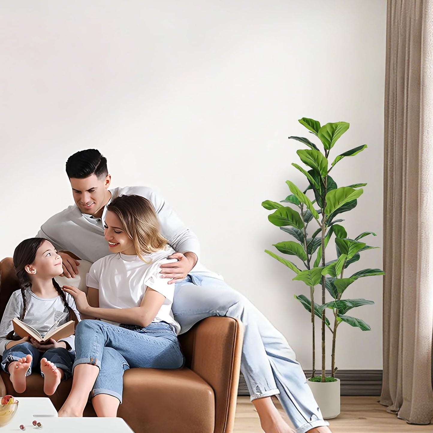 5ft Artificial Fiddle Leaf Fig Tree with Green Moss | Fake Tree with White Planter Pot, Faux Ficus Tree for Indoor Home, Office & Living Room