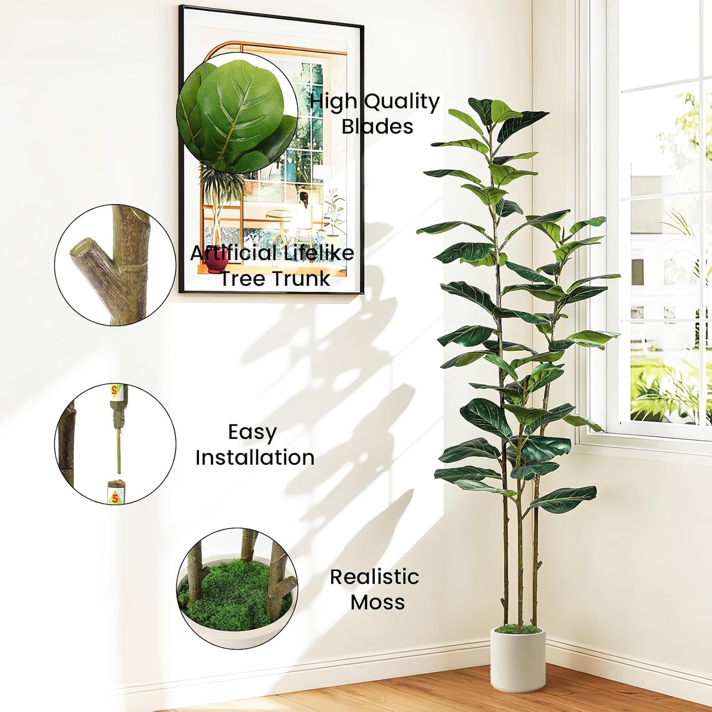 5ft Artificial Fiddle Leaf Fig Tree with Green Moss | Fake Tree with White Planter Pot, Faux Ficus Tree for Indoor Home, Office & Living Room