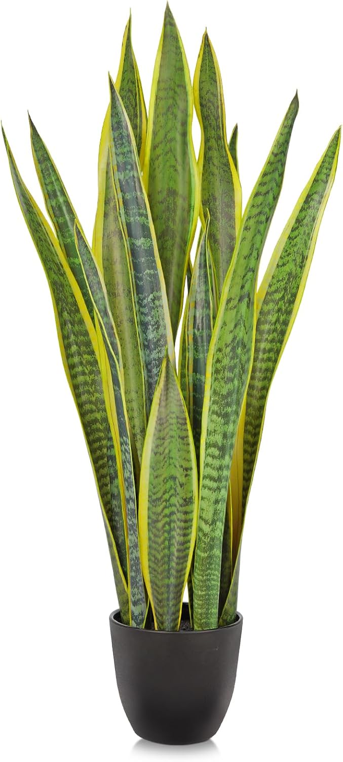 2 Set Artificial Snake Plant Potted, 28 Inch Faux Sansevieria Trifasciata Plants Large Tall Tropical Fake Snake Plant Tree in White Pots for Home Office Room Patio Garden Indoor Outdoor Decor