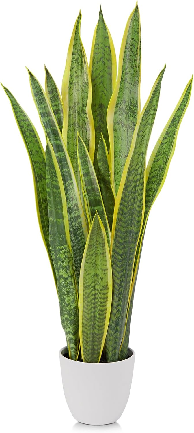 2 Set Artificial Snake Plant Potted, 28 Inch Faux Sansevieria Trifasciata Plants Large Tall Tropical Fake Snake Plant Tree in White Pots for Home Office Room Patio Garden Indoor Outdoor Decor