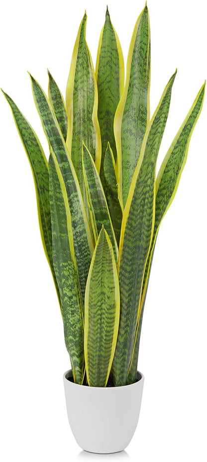 2 Set Artificial Snake Plant Potted, 28 Inch Faux Sansevieria Trifasciata Plants Large Tall Tropical Fake Snake Plant Tree in White Pots for Home Office Room Patio Garden Indoor Outdoor Decor