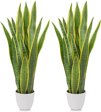 2 Set Artificial Snake Plant Potted, 28 Inch Faux Sansevieria Trifasciata Plants Large Tall Tropical Fake Snake Plant Tree in White Pots for Home Office Room Patio Garden Indoor Outdoor Decor