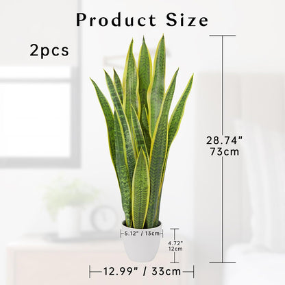2 Set Artificial Snake Plant Potted, 28 Inch Faux Sansevieria Trifasciata Plants Large Tall Tropical Fake Snake Plant Tree in White Pots for Home Office Room Patio Garden Indoor Outdoor Decor