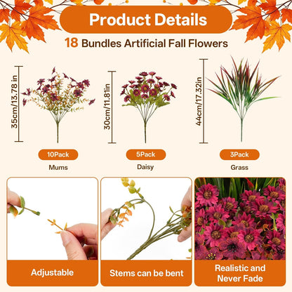 18 Pcs Artificial Fall Flowers for Outdoor, UV Resistant Fake Mums & Grass