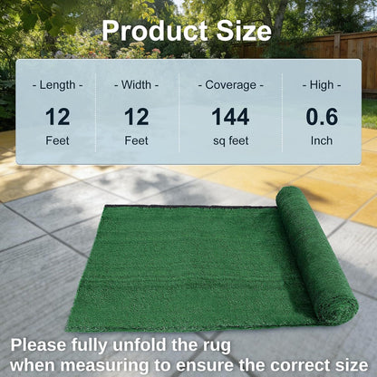 12ft x 12ft Outdoor Artificial Grass Rug, Turf Carpet with 15mm Pile Height for Large Area Coverage, Durable Grass Mat for Patio, Garden, Deck & Poolside, Fast Drainage, Low Maintenance