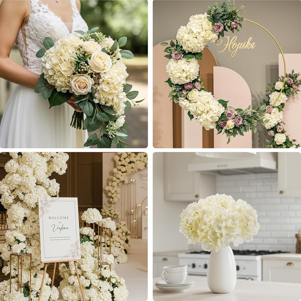 10PCS Hydrangea Artificial Flowers, Faux Champagne Flowers | for Wedding Centerpieces, DIY Bouquets, Bridal Shower, Floral Decor Home Decoration with Stems