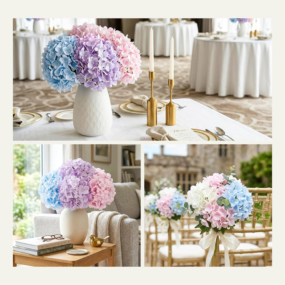 10PCS Hydrangea Artificial Flowers, Faux Champagne Flowers | for Wedding Centerpieces, DIY Bouquets, Bridal Shower, Floral Decor Home Decoration with Stems