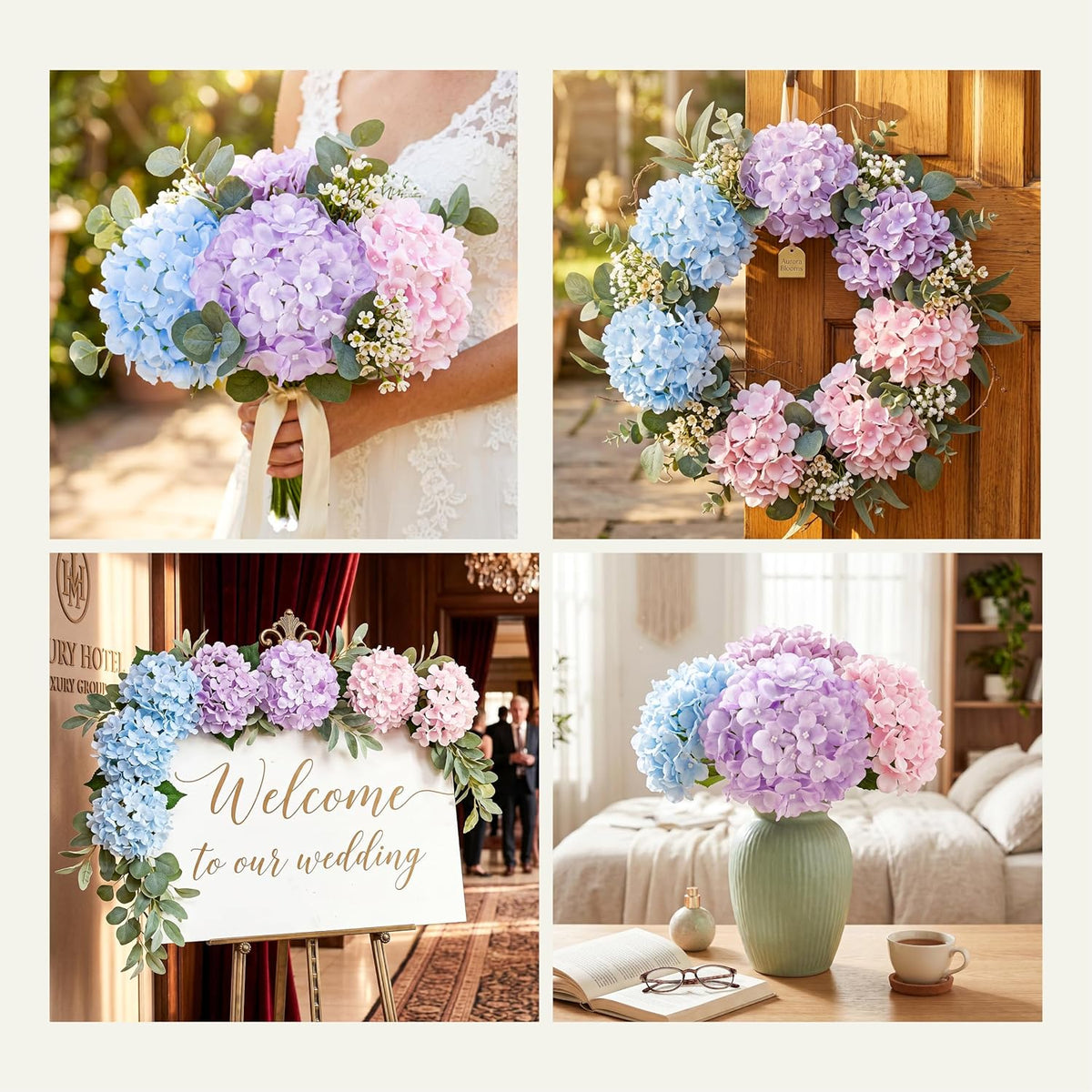 10PCS Hydrangea Artificial Flowers, Faux Champagne Flowers | for Wedding Centerpieces, DIY Bouquets, Bridal Shower, Floral Decor Home Decoration with Stems