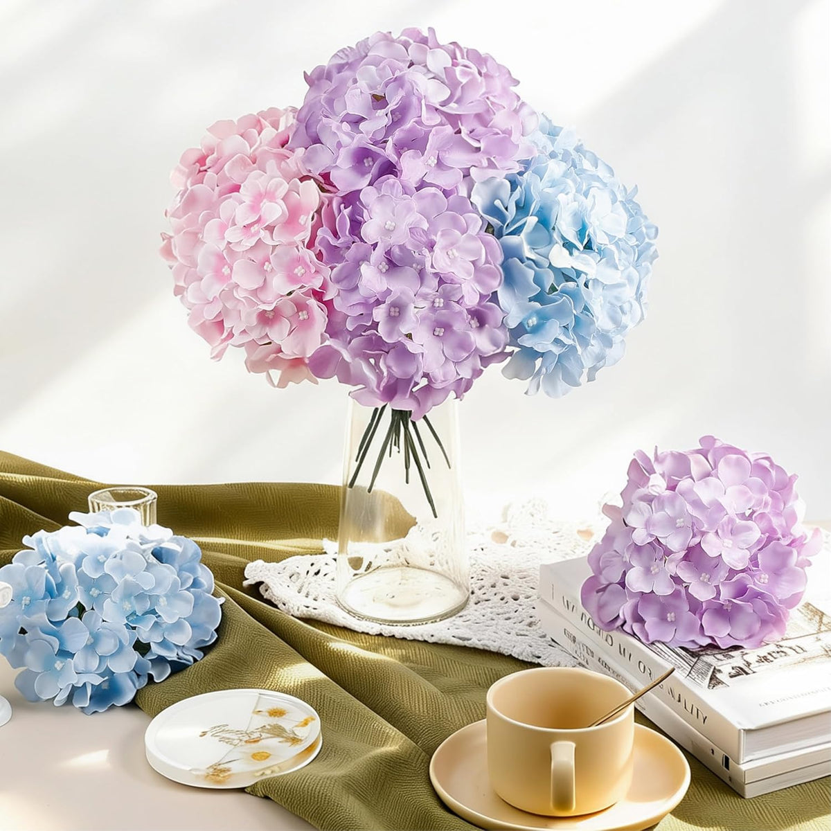 10PCS Hydrangea Artificial Flowers, Faux Champagne Flowers | for Wedding Centerpieces, DIY Bouquets, Bridal Shower, Floral Decor Home Decoration with Stems