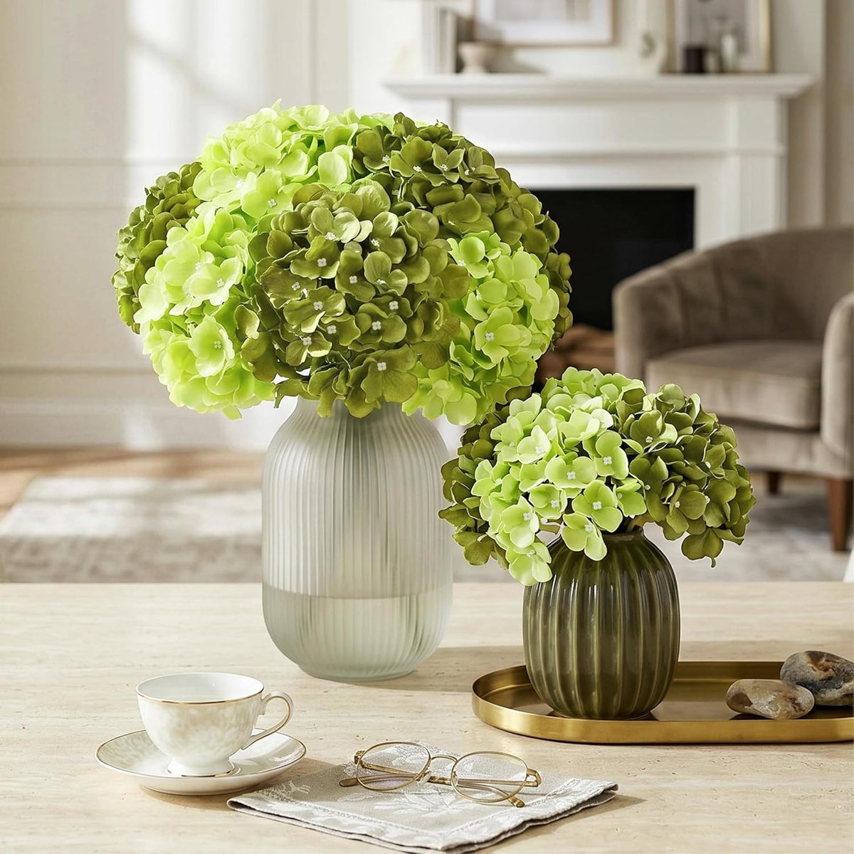 10PCS Hydrangea Artificial Flowers, Faux Champagne Flowers | for Wedding Centerpieces, DIY Bouquets, Bridal Shower, Floral Decor Home Decoration with Stems