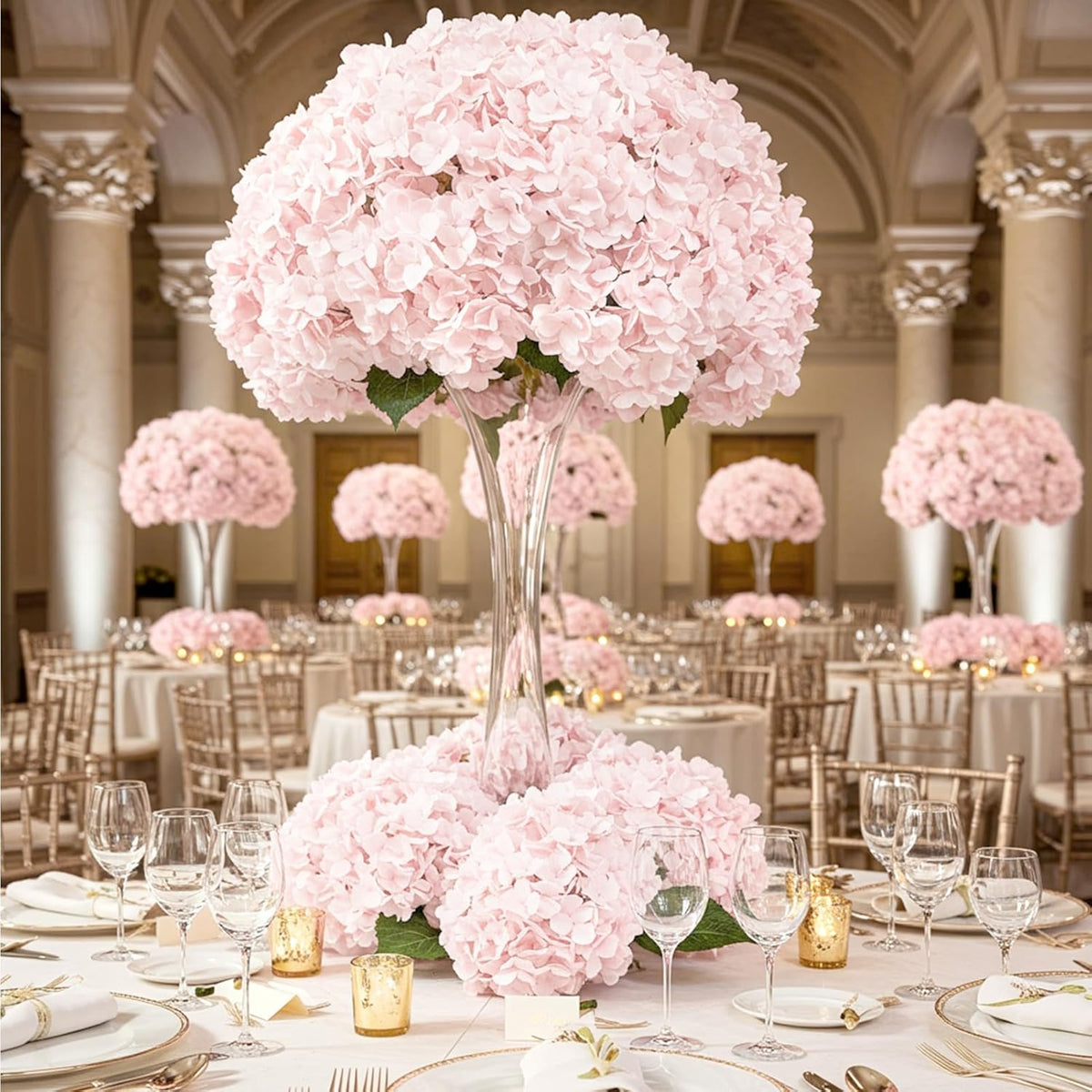 10PCS Hydrangea Artificial Flowers, Faux Champagne Flowers | for Wedding Centerpieces, DIY Bouquets, Bridal Shower, Floral Decor Home Decoration with Stems