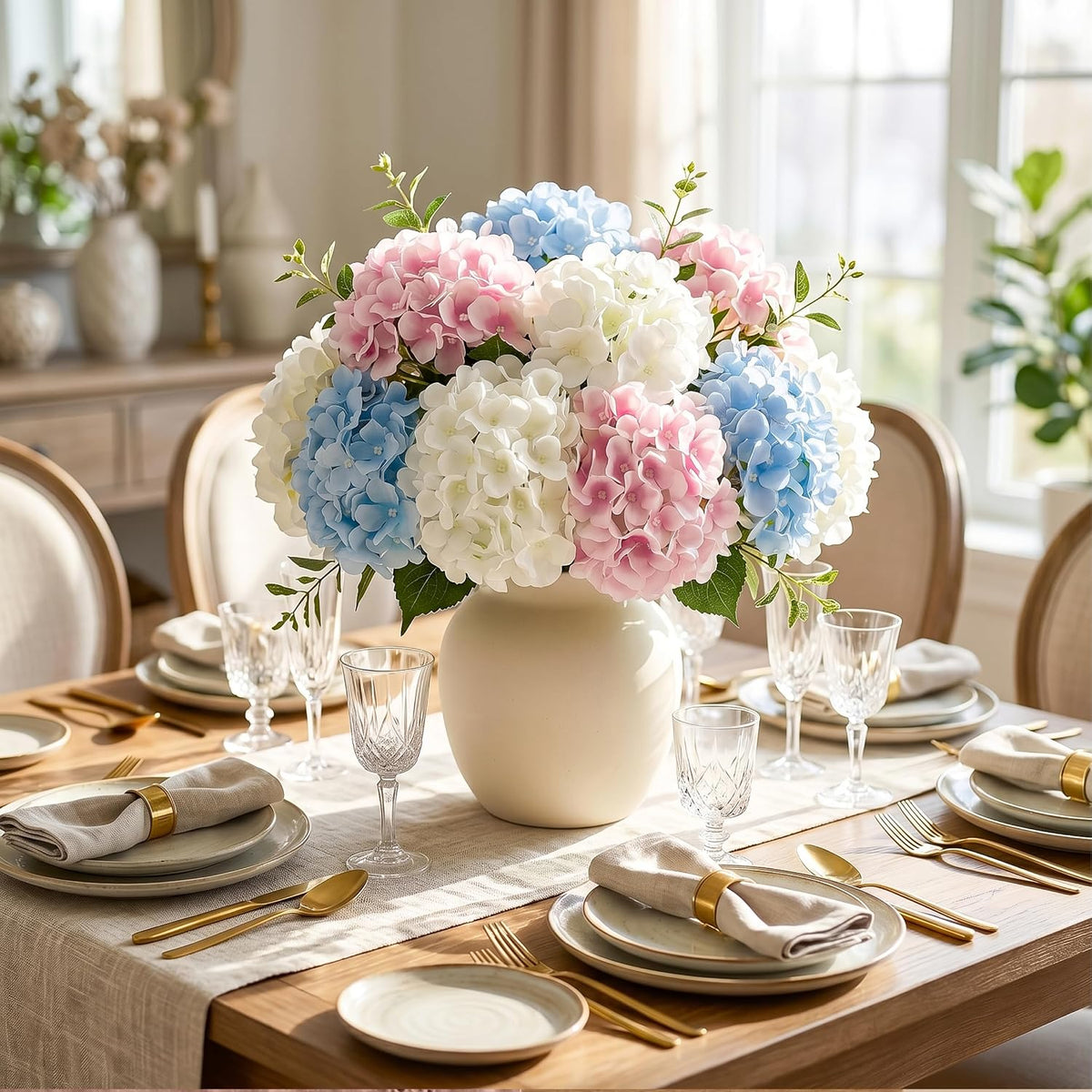 10PCS Hydrangea Artificial Flowers, Faux Champagne Flowers | for Wedding Centerpieces, DIY Bouquets, Bridal Shower, Floral Decor Home Decoration with Stems