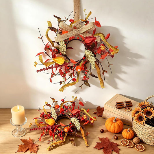 6 PCS 9'' Mini Spring Forsythia Wreath for Front Door Small Artificial Forsythia Farmhouse Kitchen Cabinet Wreaths with Burlap Ribbon Hanging Spring Summer Floral Wreaths for Porch Wall Window Decor