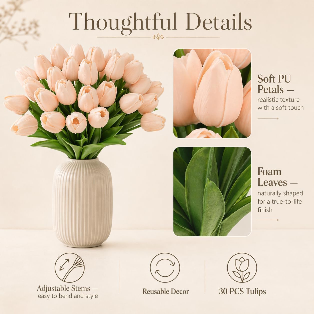 Yellow Artificial Tulip Flowers - 13.7" 30PCS Real Touch Fake PU Tulips Bouquet Faux Flowers for Floral Arrangements Table Centerpieces Kitchen Indoor Home Mothers Day Decorations