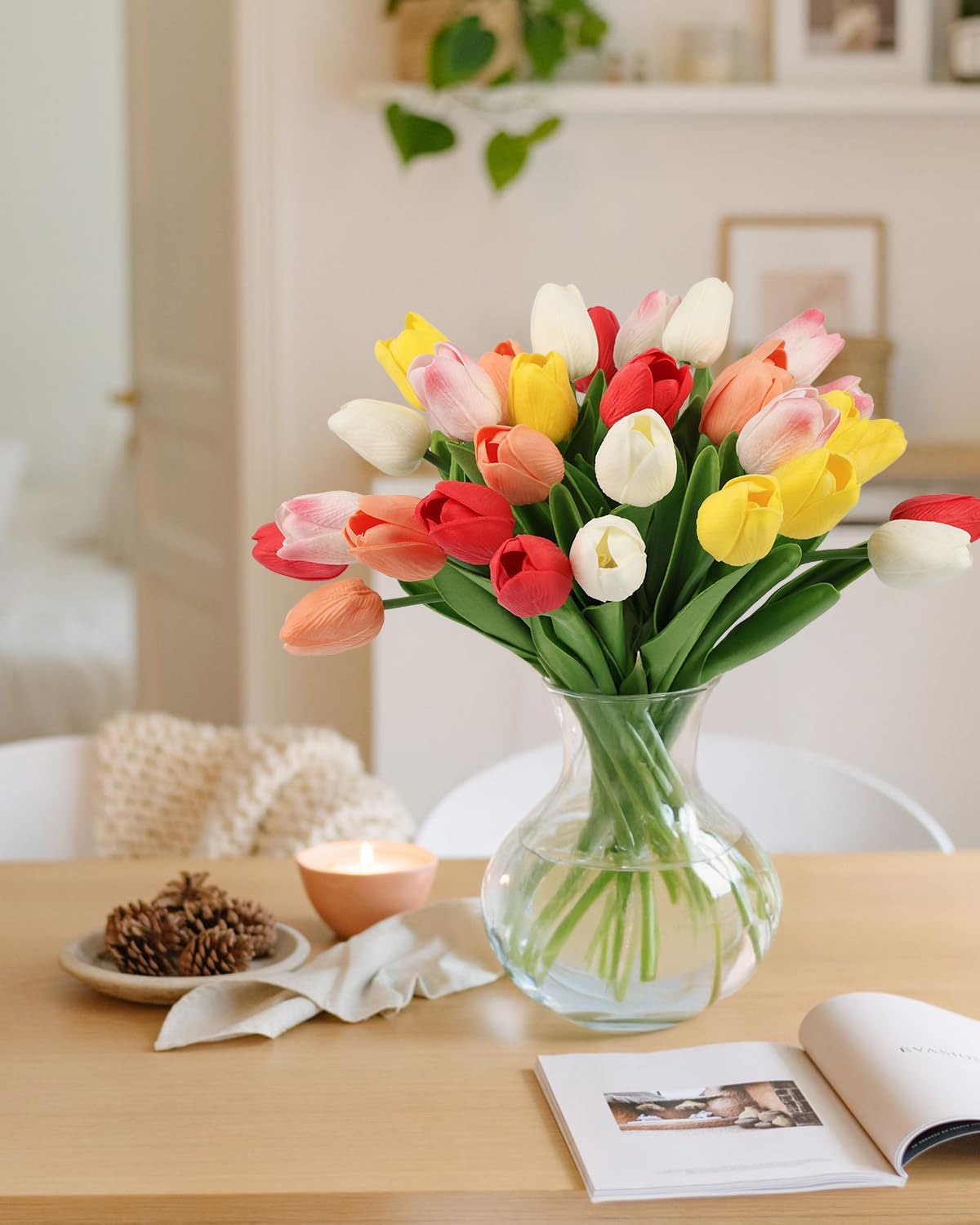 Yellow Artificial Tulip Flowers - 13.7" 30PCS Real Touch Fake PU Tulips Bouquet Faux Flowers for Floral Arrangements Table Centerpieces Kitchen Indoor Home Mothers Day Decorations