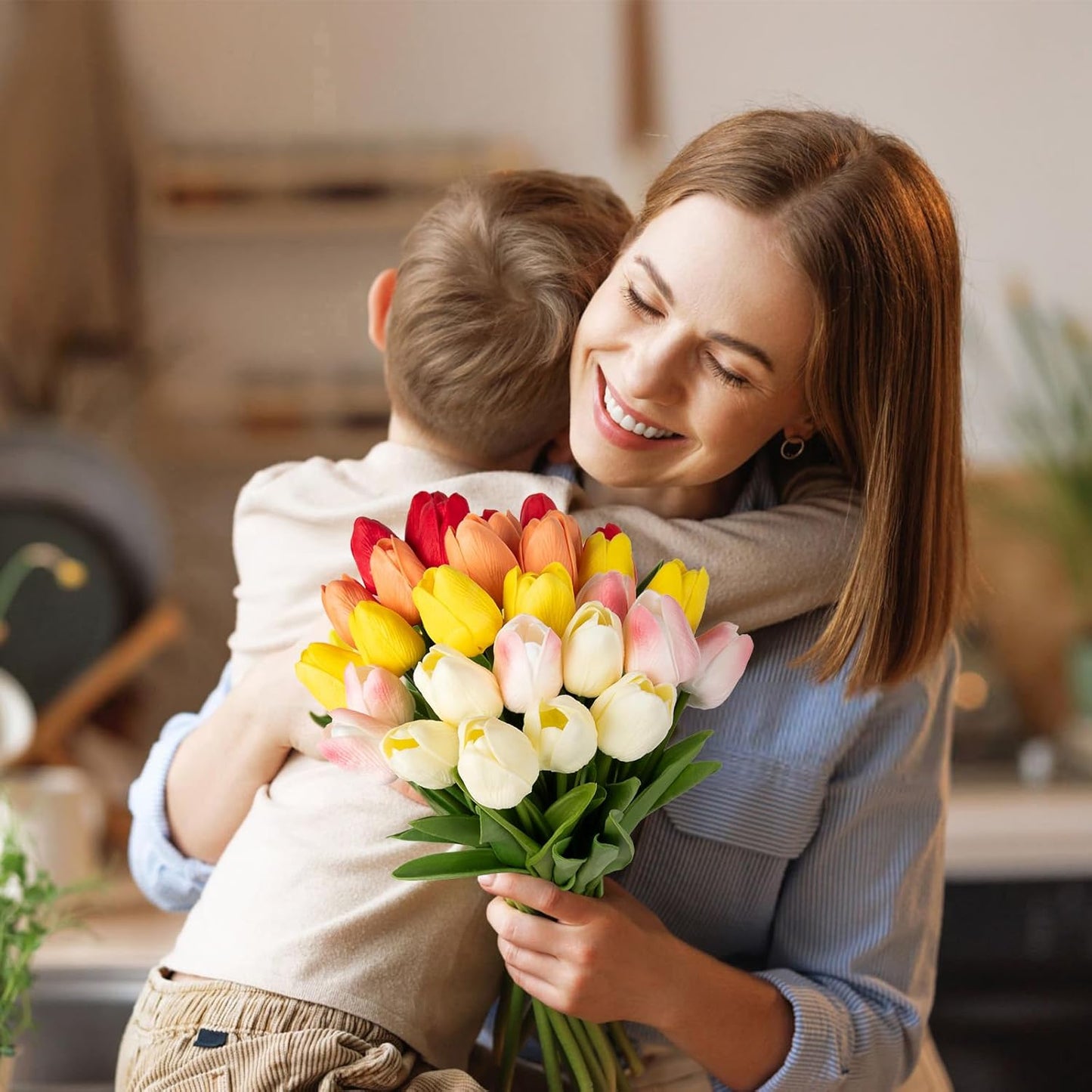 Yellow Artificial Tulip Flowers - 13.7" 30PCS Real Touch Fake PU Tulips Bouquet Faux Flowers for Floral Arrangements Table Centerpieces Kitchen Indoor Home Mothers Day Decorations