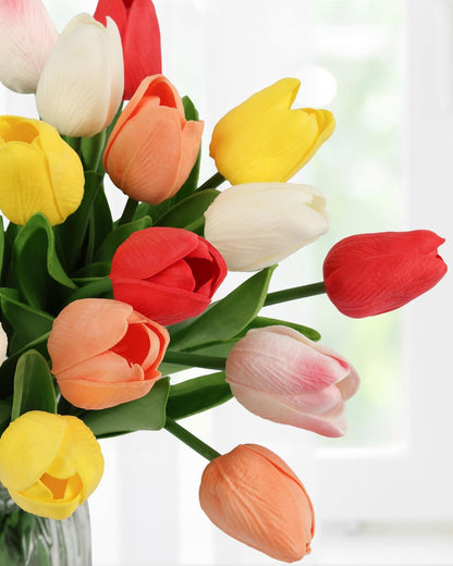 Yellow Artificial Tulip Flowers - 13.7" 30PCS Real Touch Fake PU Tulips Bouquet Faux Flowers for Floral Arrangements Table Centerpieces Kitchen Indoor Home Mothers Day Decorations