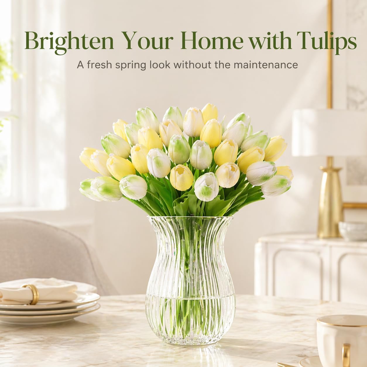 Yellow Artificial Tulip Flowers - 13.7" 30PCS Real Touch Fake PU Tulips Bouquet Faux Flowers for Floral Arrangements Table Centerpieces Kitchen Indoor Home Mothers Day Decorations