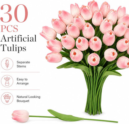 Yellow Artificial Tulip Flowers - 13.7" 30PCS Real Touch Fake PU Tulips Bouquet Faux Flowers for Floral Arrangements Table Centerpieces Kitchen Indoor Home Mothers Day Decorations