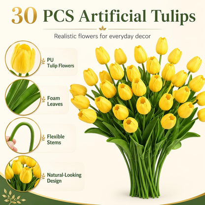 Yellow Artificial Tulip Flowers - 13.7" 30PCS Real Touch Fake PU Tulips Bouquet Faux Flowers for Floral Arrangements Table Centerpieces Kitchen Indoor Home Mothers Day Decorations