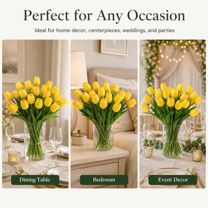 Yellow Artificial Tulip Flowers - 13.7" 30PCS Real Touch Fake PU Tulips Bouquet Faux Flowers for Floral Arrangements Table Centerpieces Kitchen Indoor Home Mothers Day Decorations