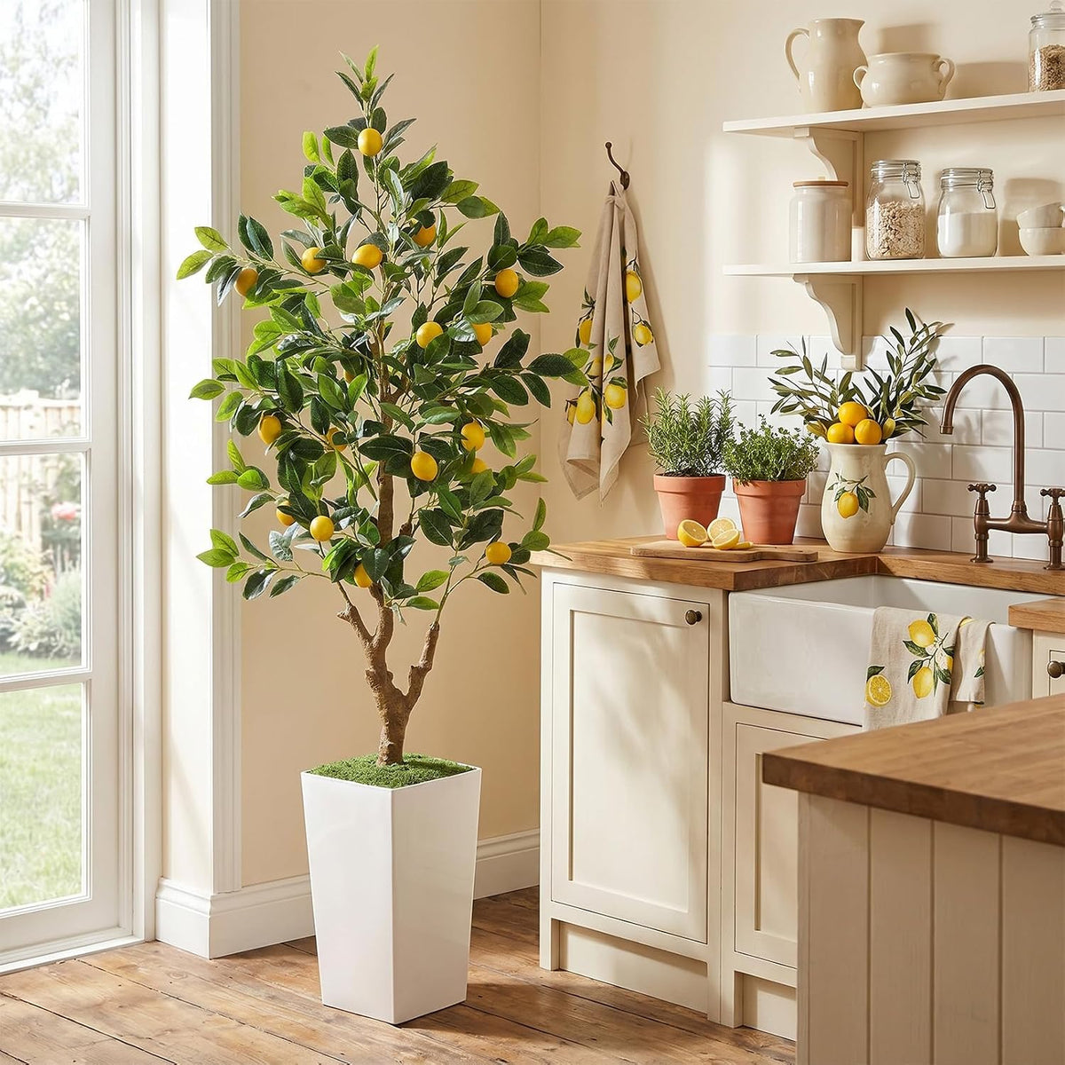 5FT Artificial Lemon Tree with White Tall Planter