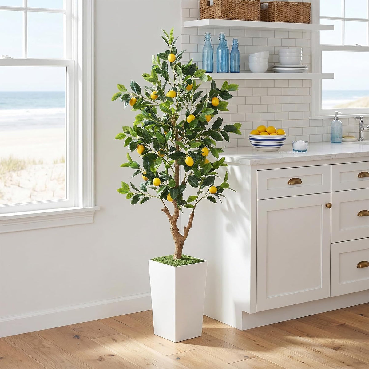 5FT Artificial Lemon Tree with White Tall Planter