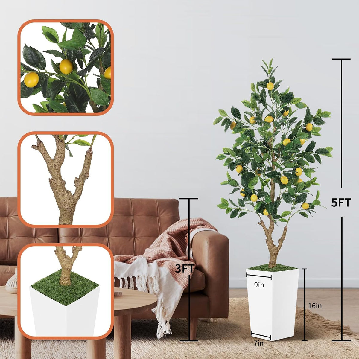 5FT Artificial Lemon Tree with White Tall Planter