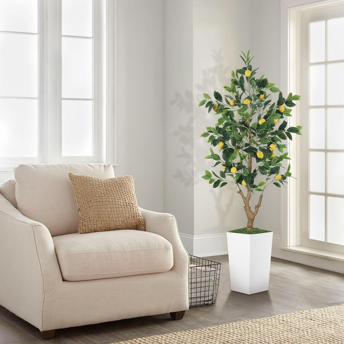 5FT Artificial Lemon Tree with White Tall Planter