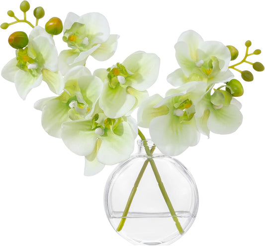 White Textured Coated Silk Artificial Orchid Flowers with Clear Glass Vase and Faux Water, 11" Faux Phalaenopsis Orchid Arrangement Centerpiece for Dining Table Bathroom Decor