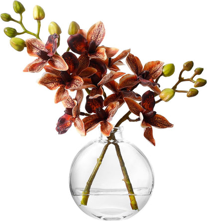 White Textured Coated Silk Artificial Orchid Flowers with Clear Glass Vase and Faux Water, 11" Faux Phalaenopsis Orchid Arrangement Centerpiece for Dining Table Bathroom Decor