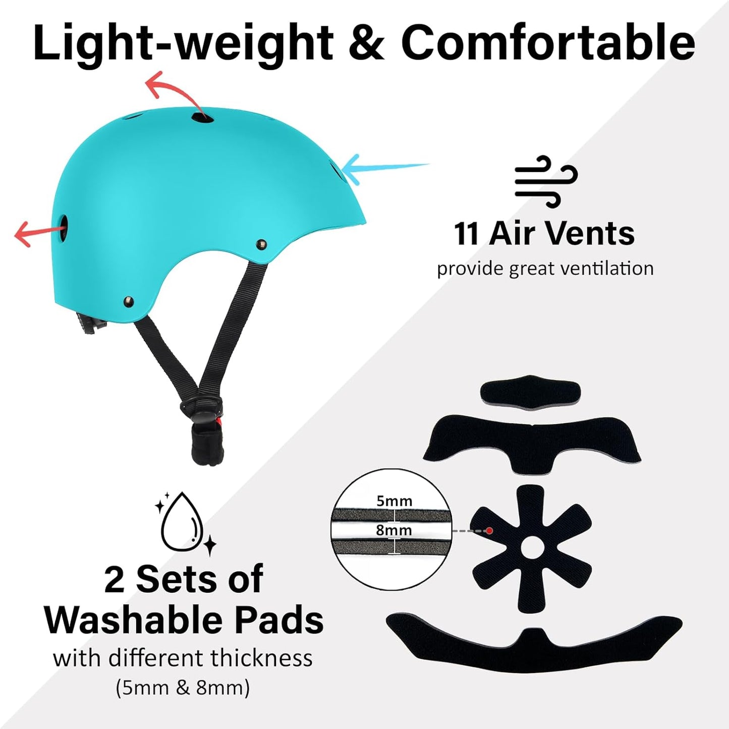 Skateboard Bike Helmet, 3 Sizes for Adult Youth & Kids | Lightweight, Adjustable, Certified Multi-Sport for Bicycle, Inline/Roller Skates, Kick Scooter