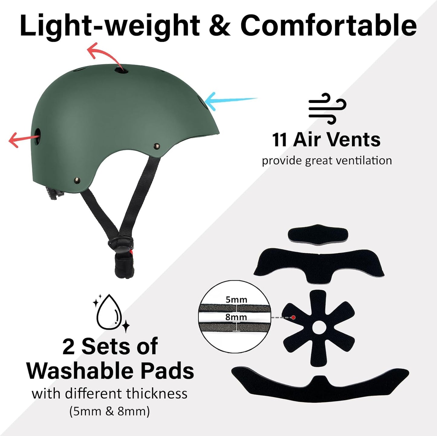 Skateboard Bike Helmet, 3 Sizes for Adult Youth & Kids | Lightweight, Adjustable, Certified Multi-Sport for Bicycle, Inline/Roller Skates, Kick Scooter