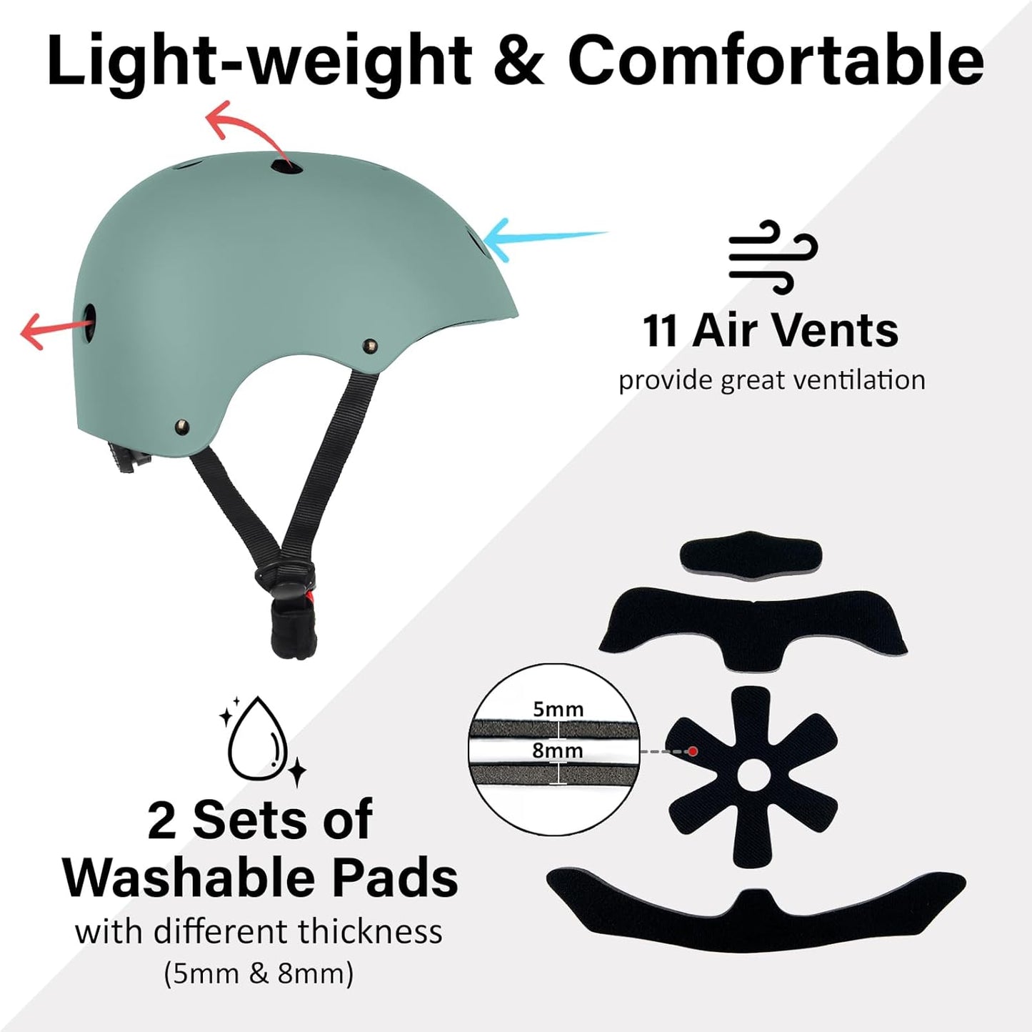 Skateboard Bike Helmet, 3 Sizes for Adult Youth & Kids | Lightweight, Adjustable, Certified Multi-Sport for Bicycle, Inline/Roller Skates, Kick Scooter